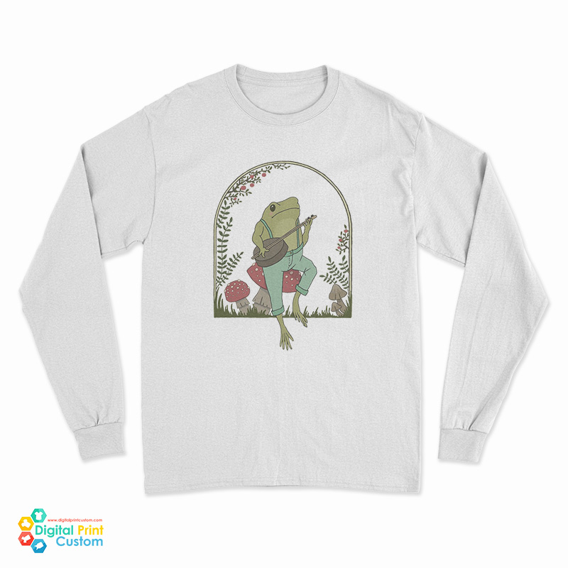 Cottagecore Aesthetic Frog Playing Banjo On Mushroom Cute Long Sleeve T-Shirt