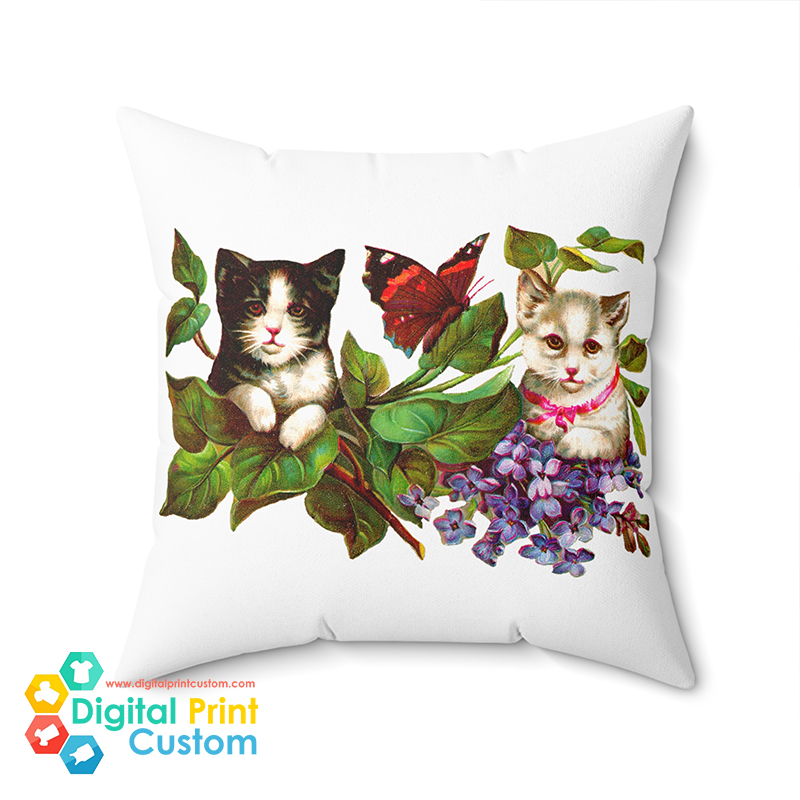 Cute Cat and Butterfly Spun Polyester Square Pillow