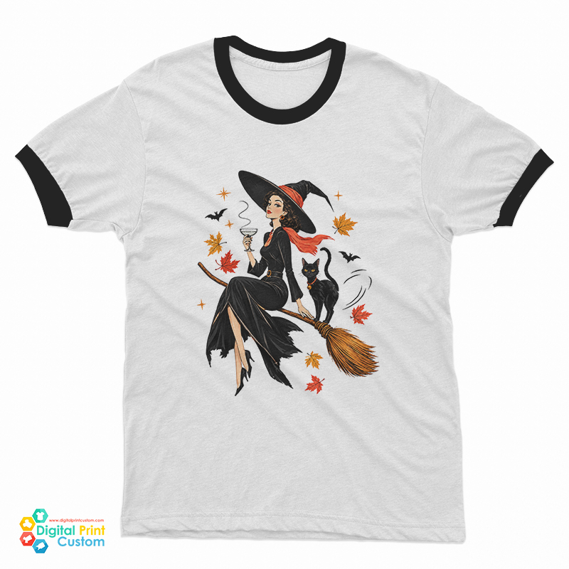 Vintage Witch And Cat Halloween Ringer T-Shirt